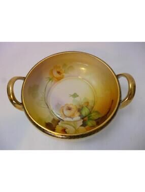 Antique Nippon Morimura Handled Bowl Yellow Roses 6 Inches